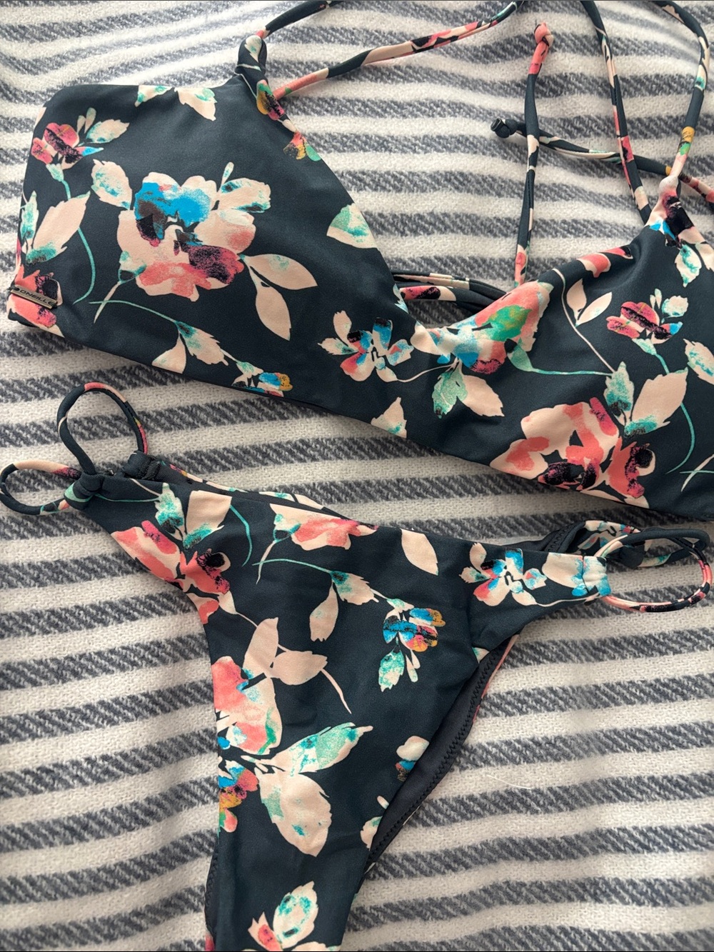 O'Neill Black Floral Bikini Set with Pink & Teal Accents